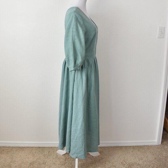 Linen Handmade Studio Open Back Madeleine Midi Dress Teal - 6 - Picture 8 of 11
